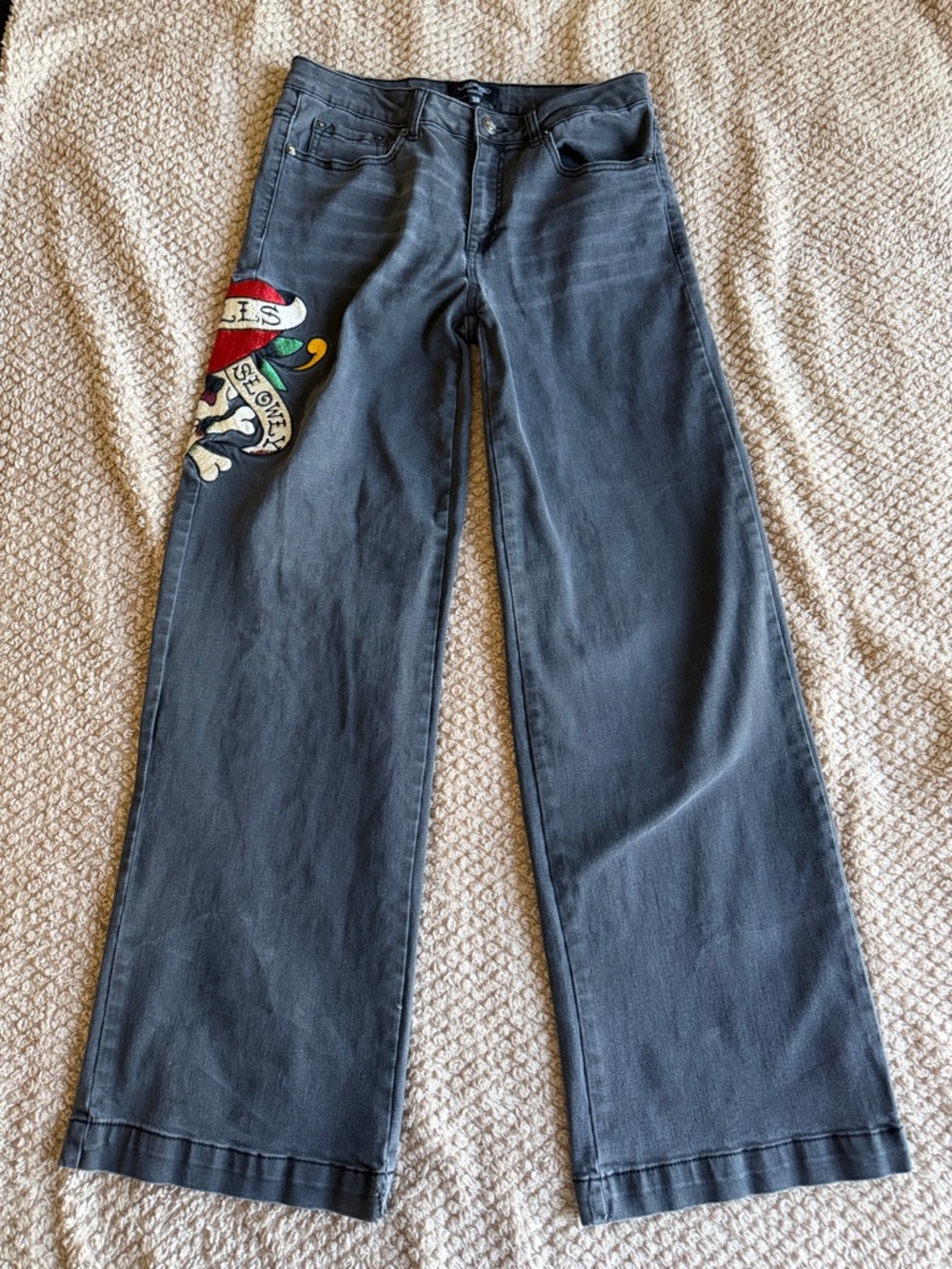 Ed Hardy Jeans with Love Kills Slowly Embroidered Heart Skull